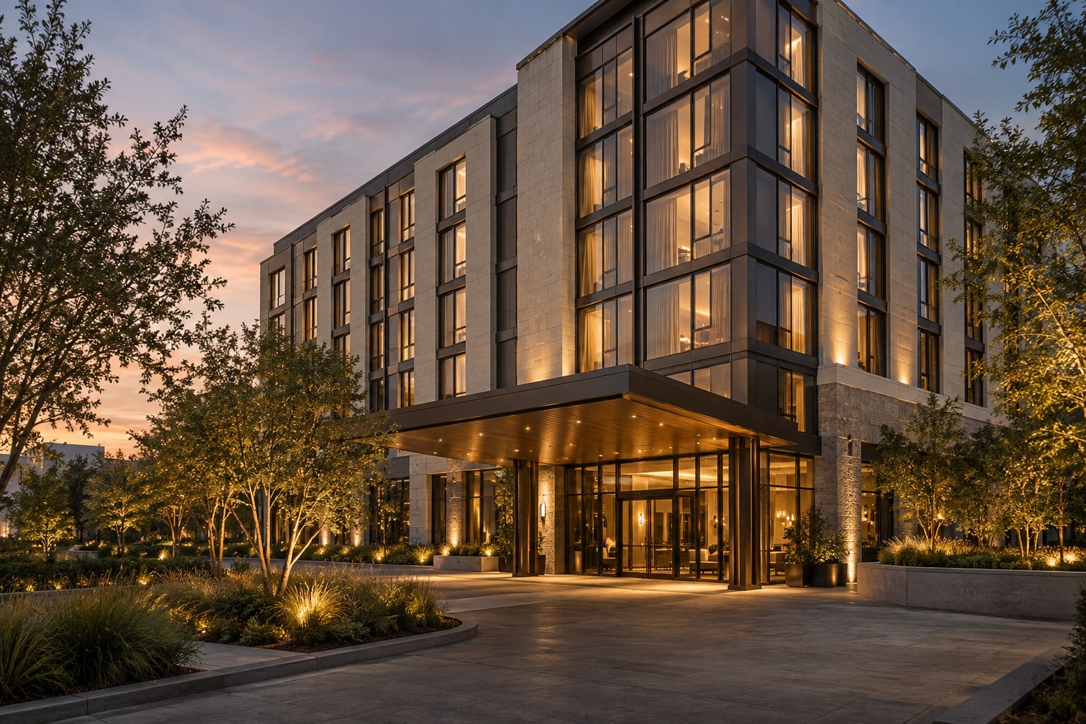 Contemporary hotel exterior with landscaped grounds