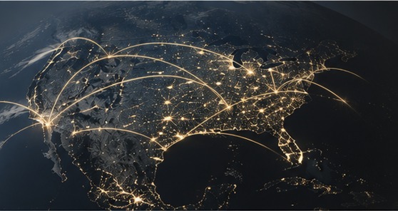 Illustrated network of illuminated connections across the United States, representing broad geographic reach