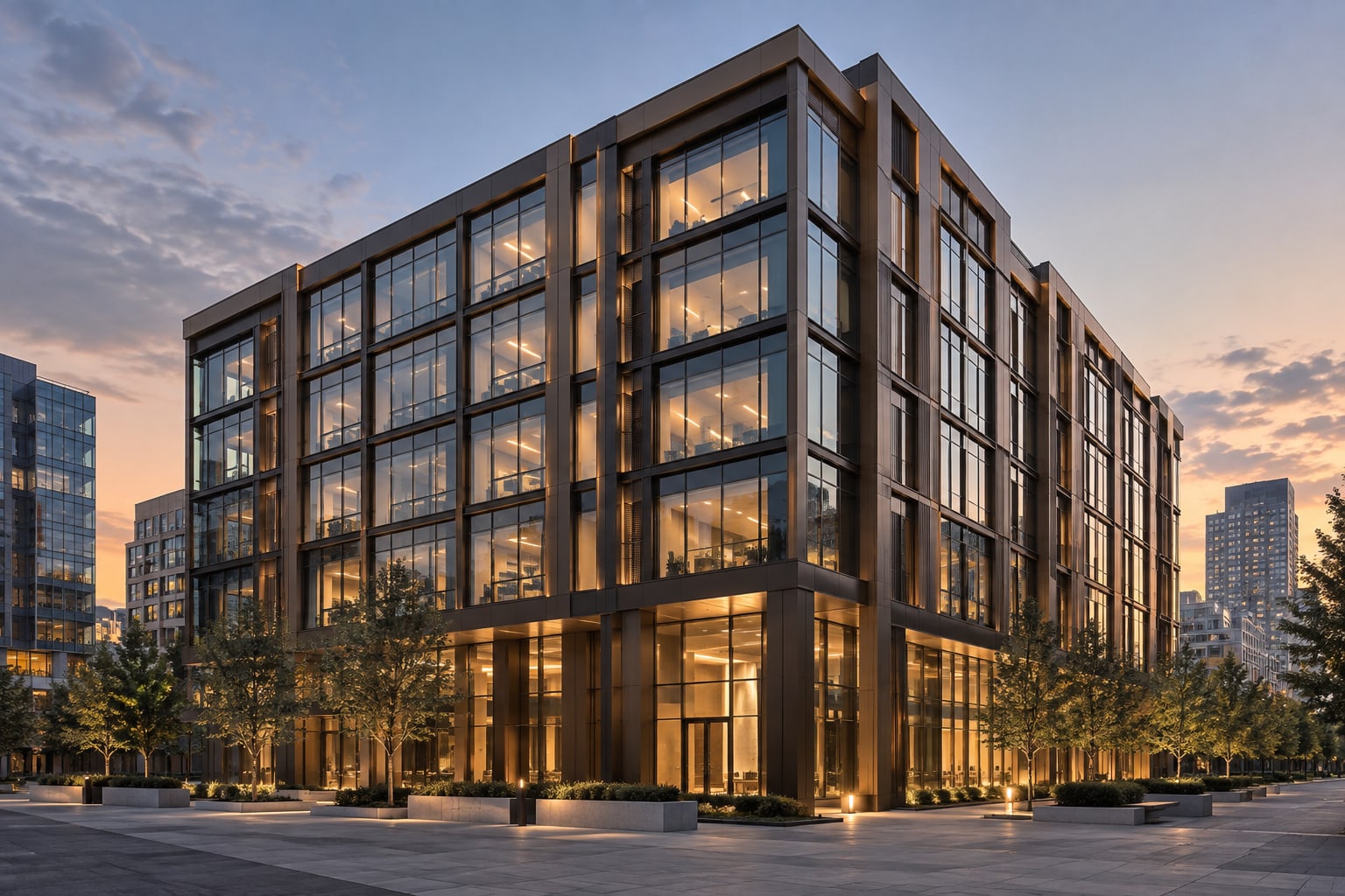 Glass-fronted office building at dusk