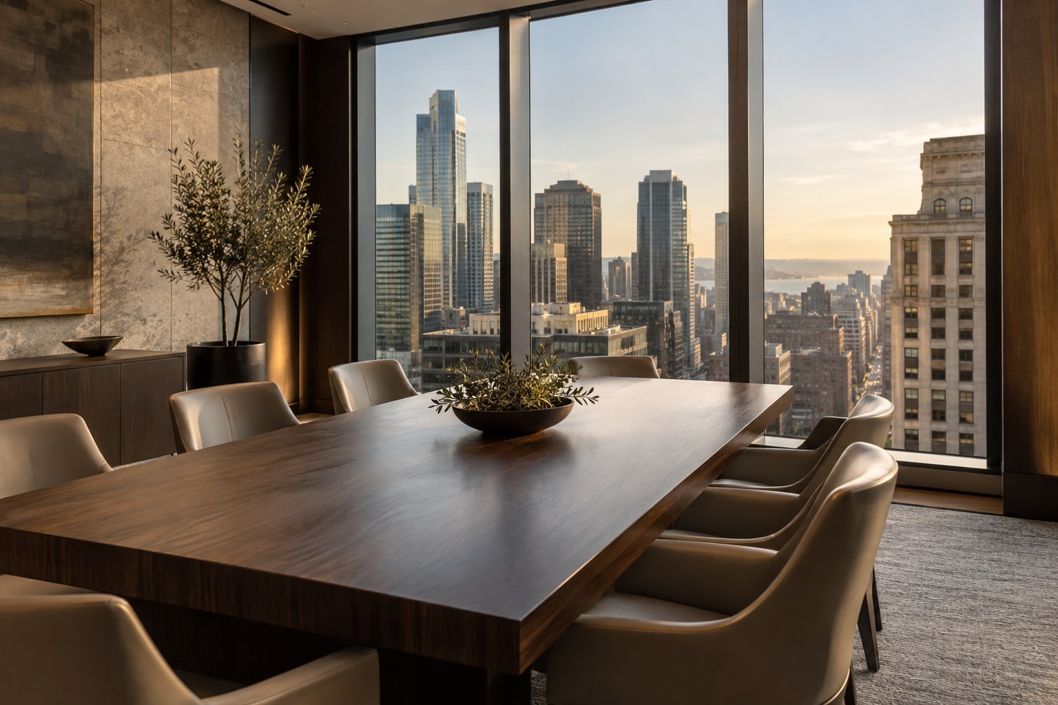 Illustrative meeting room overlooking an urban commercial district